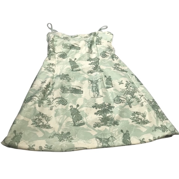 Green Cream Slip Dress – Spaghetti Strap Vintage Scenic Toile Print Sundress - Picture 2 of 8